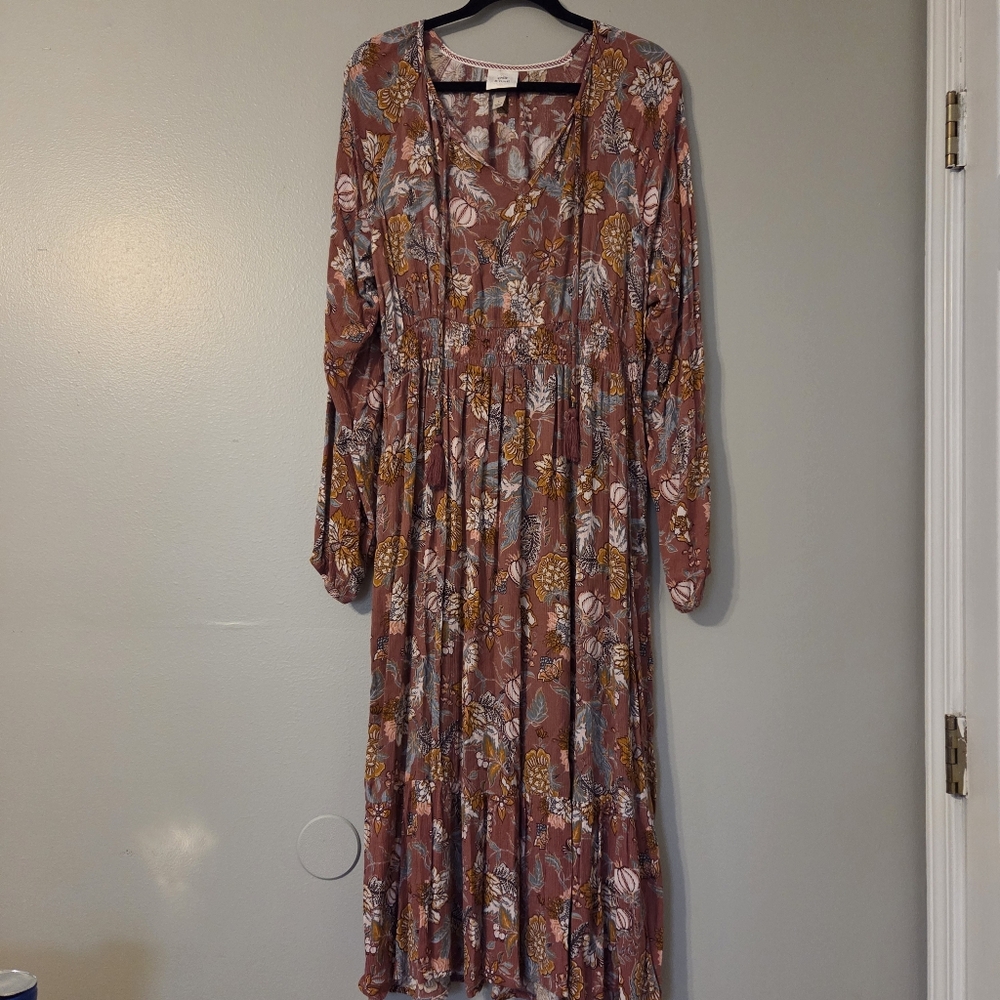 Knox Rose Womens Floral Long Dusty Rose Sleeve Bohemian Midi Dress Size Large - Picture 3 of 13